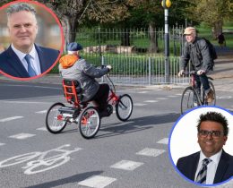 A cycle crossing and (inset left) Labour councillor Ian Barnes and (inset right) Tory councillor Paul Pratt