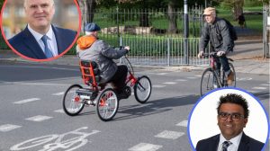 A cycle crossing and (inset left) Labour councillor Ian Barnes and (inset right) Tory councillor Paul Pratt