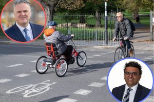 A cycle crossing and (inset left) Labour councillor Ian Barnes and (inset right) Tory councillor Paul Pratt