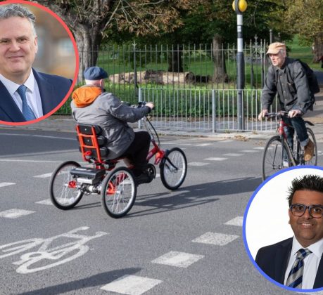 A cycle crossing and (inset left) Labour councillor Ian Barnes and (inset right) Tory councillor Paul Pratt