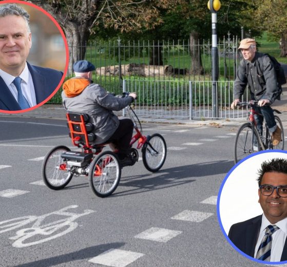 A cycle crossing and (inset left) Labour councillor Ian Barnes and (inset right) Tory councillor Paul Pratt
