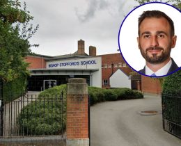 Bishops Stopford's School (credit Google) and (inset) Alessandro Georgiou (credit Enfield Council)