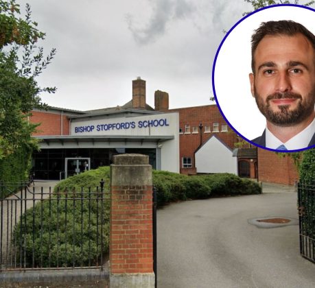 Bishops Stopford's School (credit Google) and (inset) Alessandro Georgiou (credit Enfield Council)