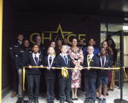 Enfield mayor Emma Supple joins schools pupils and staff for the ribbon cutting at Chace Community School