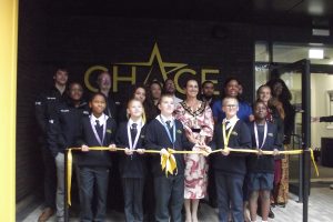 Enfield mayor Emma Supple joins schools pupils and staff for the ribbon cutting at Chace Community School