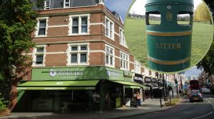 Church Street in Enfield Town and (inset) a litter bin