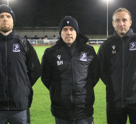Coaches Charlie Gregory (left) and Spencer Harrison (right) either side of boss Billy Holland (credit Tom Scott)