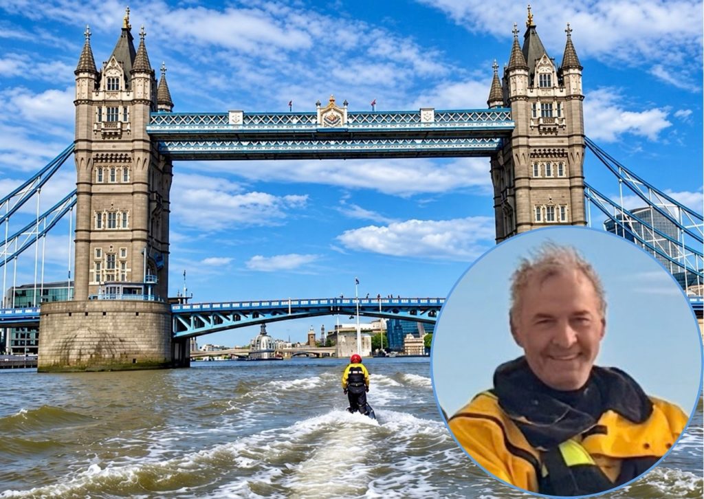 Lee Robinson riding his jetski towards Tower Bridge