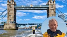 Lee Robinson riding his jetski towards Tower Bridge