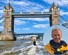 Lee Robinson riding his jetski towards Tower Bridge