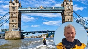 Lee Robinson riding his jetski towards Tower Bridge