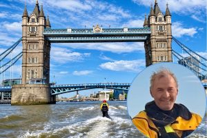 Lee Robinson riding his jetski towards Tower Bridge