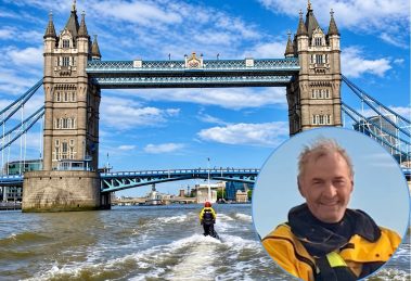 Lee Robinson riding his jetski towards Tower Bridge