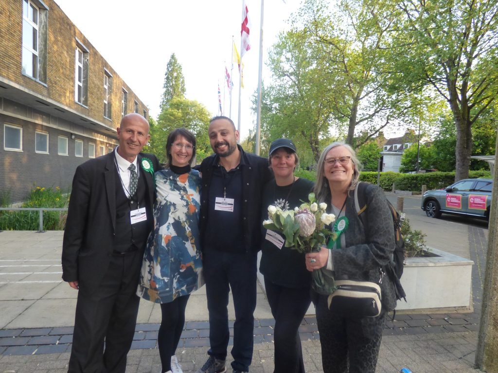 Enfield's five Green councillors outside the civic centre after the May local election (credit Anna-Louise Adepegba)
