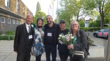 Enfield's five Green councillors outside the civic centre after the May local election (credit Anna-Louise Adepegba)