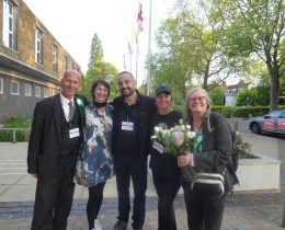 Enfield's five Green councillors outside the civic centre after the May local election (credit Anna-Louise Adepegba)