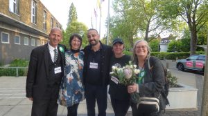 Enfield's five Green councillors outside the civic centre after the May local election (credit Anna-Louise Adepegba)
