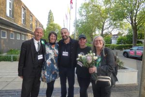 Enfield's five Green councillors outside the civic centre after the May local election (credit Anna-Louise Adepegba)