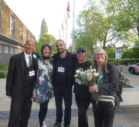 Enfield's five Green councillors outside the civic centre after the May local election (credit Anna-Louise Adepegba)