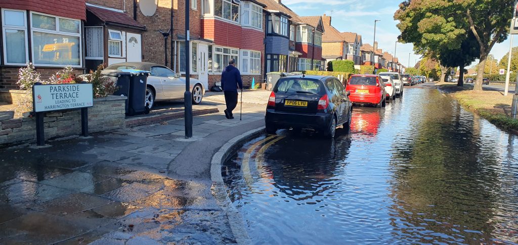 A water leak in Parkside Terrace pictured earlier this week (credit Philip Waller)