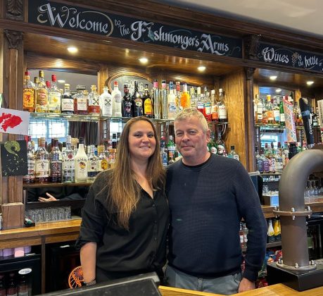Stephanie and Kevin behind the bar at The Fishmonger's Arms