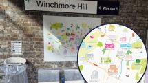 The platform at Winchmore Hill Station with (inset) Holly Francesca's illustration