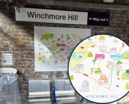 The platform at Winchmore Hill Station with (inset) Holly Francesca's illustration