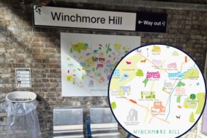 The platform at Winchmore Hill Station with (inset) Holly Francesca's illustration