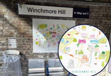 The platform at Winchmore Hill Station with (inset) Holly Francesca's illustration