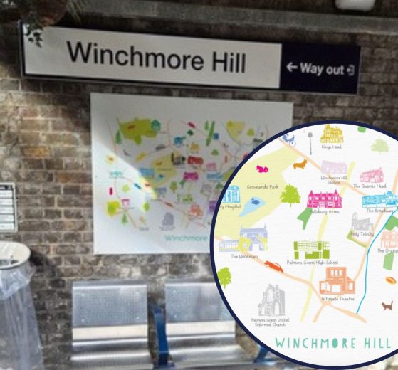 The platform at Winchmore Hill Station with (inset) Holly Francesca's illustration